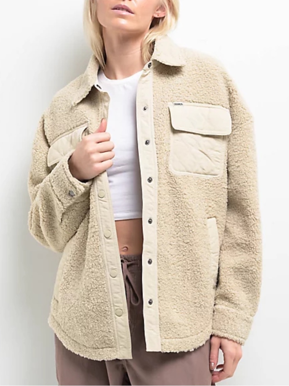 Dravus Tempest Cream Sherpa Jacket snap front pockets